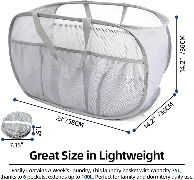 2 Pack Collapsible Laundry Baskets, Upgrade Pop Up Laundry Hamper with Convenient Bags, Foldable Laundry Basket Mesh Light Weight, Easy to Carry Clothes Hampers for Laundry, Dorm, Toys, Travel Grey