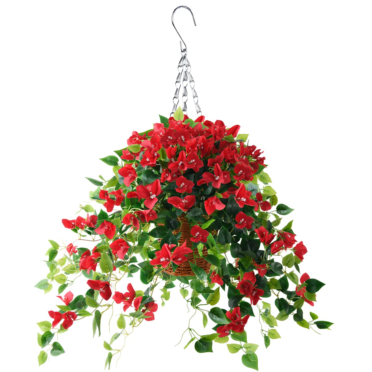 Homsunny Artificial Hanging Flowers Plants Basket for Outdoor Decoration,4 PCS Faux Silk Bougainvillea Vine Flowers Look Real UV Resistant for Outside Porch Patio Yard Garden Decor(Red)