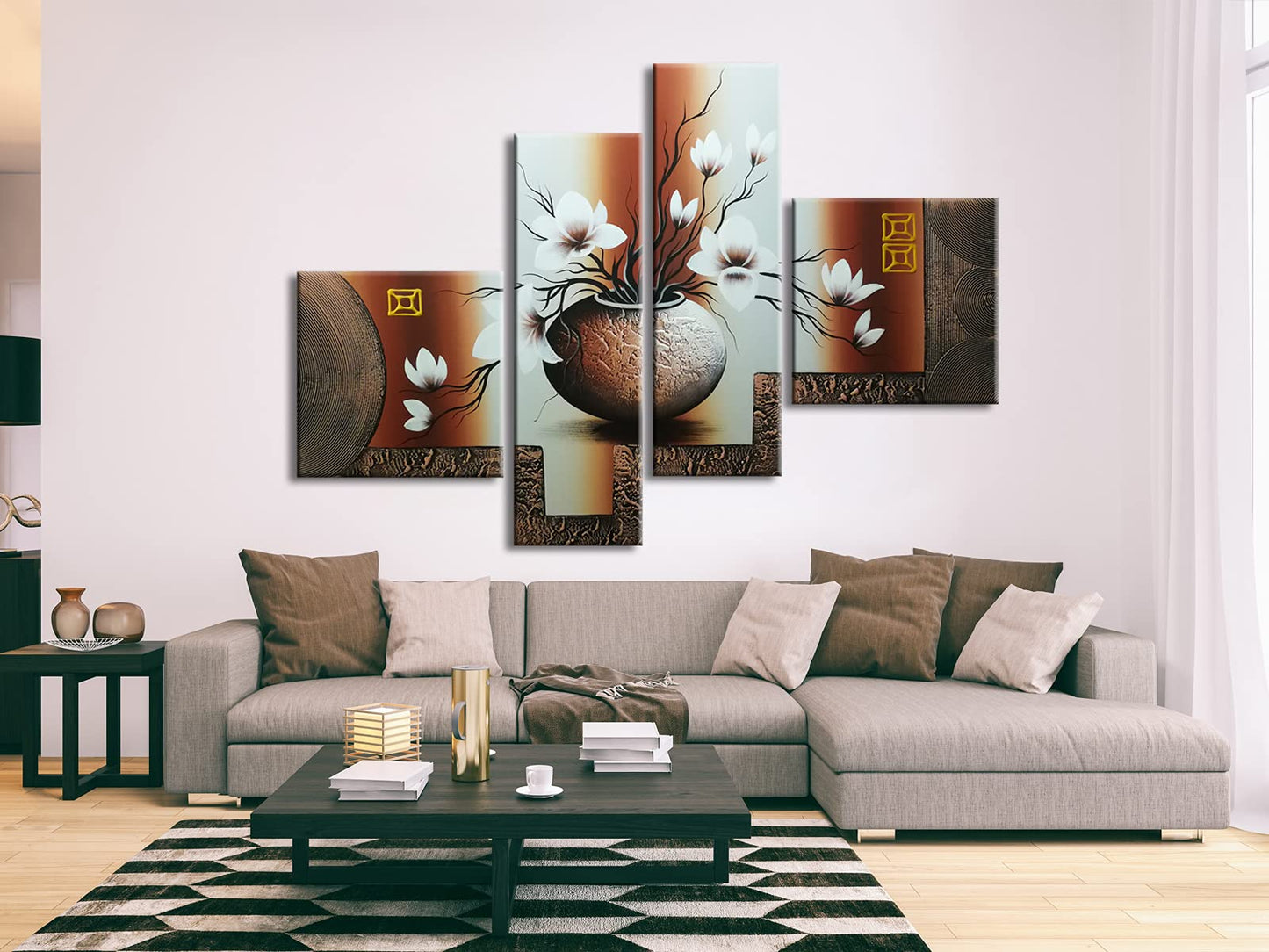 Wieco Art Huge Size Artwork 4 Panels 100% Hand-painted Modern Canvas Wall Art Elegant Flowers Paintings for Wall Decor Floral Oil Paintings on Canvas Art