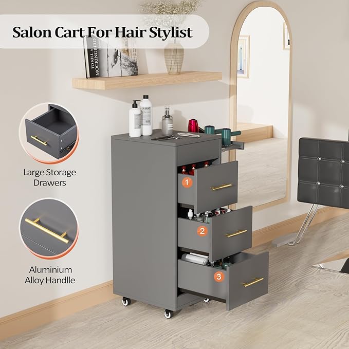Salon Trolley Cart with Wheels, 3-Drawer Rolling Hair Styling Station, Mobile Beauty Trolley with Hot Tools Holder, Storage for Salon, Barbershop, Spa & Tattoo, Grey