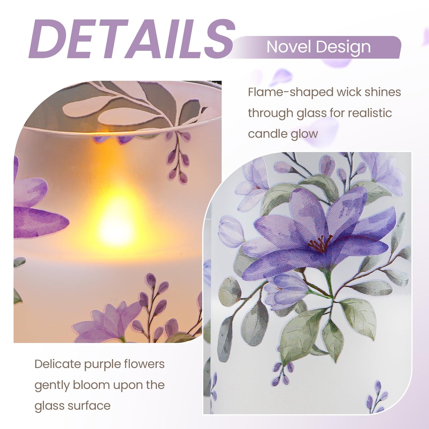 Wroxipel Pack of 3 Flameless Daily Timer Flickering Real Wax Pillar Candles, 3" x 4" 5" 6" LED Battery Operated Purple Flowers Glass Warm Light with Remote Control