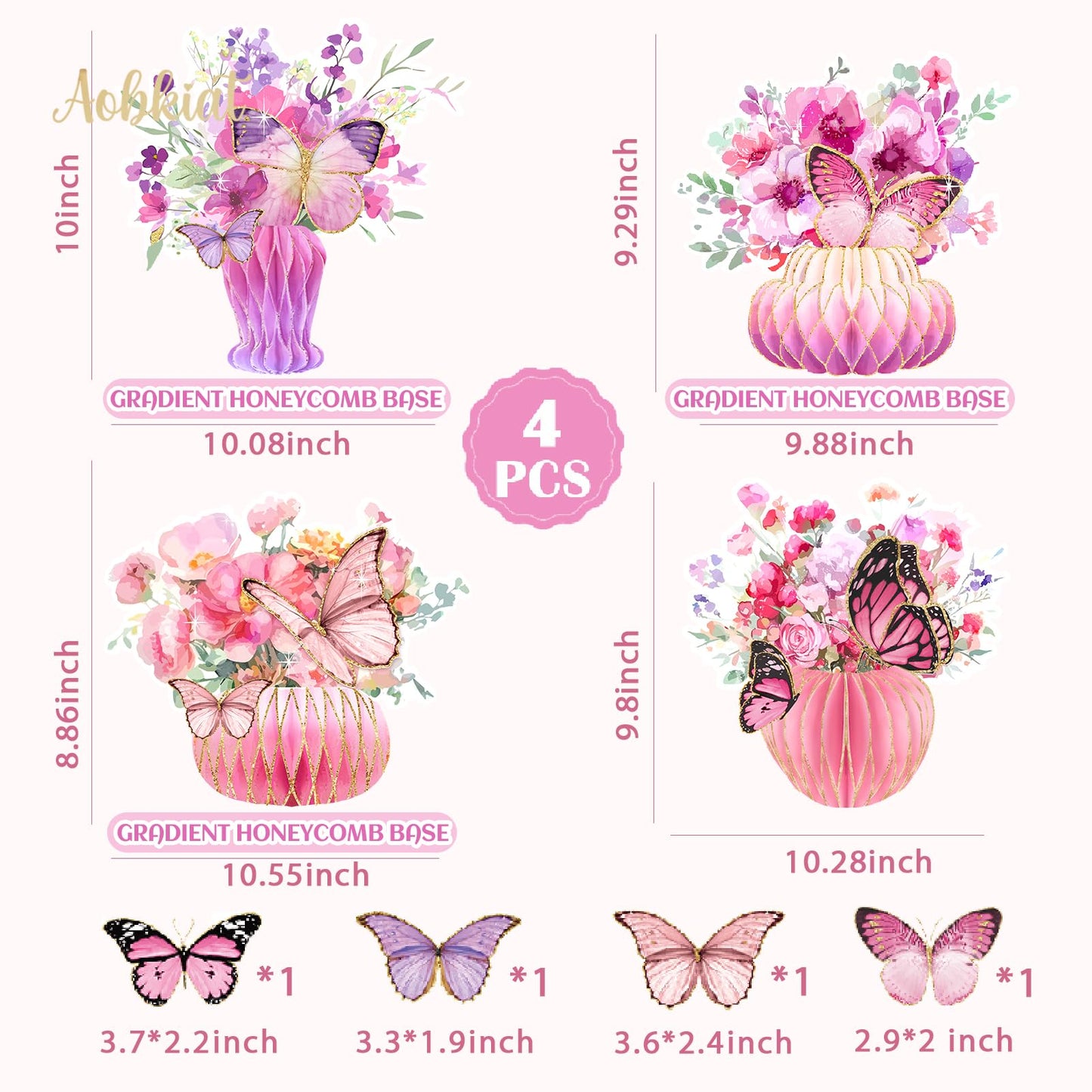 AOBKIAT Women Birthday Decorations Party Centerpieces,Large Size Table Centerpieces with Glitter Edge,Pink Purple Cardboard Honeycomb Base for Mother Day,Baby/Bridal Shower,Wedding,Gradient Vase