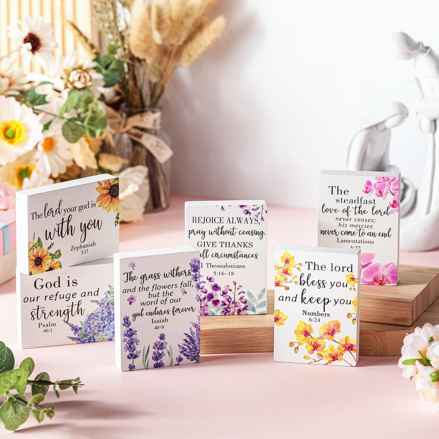 Yulejo 6 Pieces Christian Table Decor Mini Bible Verse Wooden Signs Inspirational Rustic Decorative Scripture Signs Tabletop Art Wood Blocks for Table Desk Room Home Office Party Favors