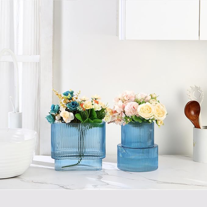 Blue Glass Vases, Set of 2 Ribbed Vases for Flowers, Blue Vase for Tulips, Modern Glass Vase for Living Room, Dining Table, Office, Entryway, Mantle, Bookshelf, Wedding Gifts