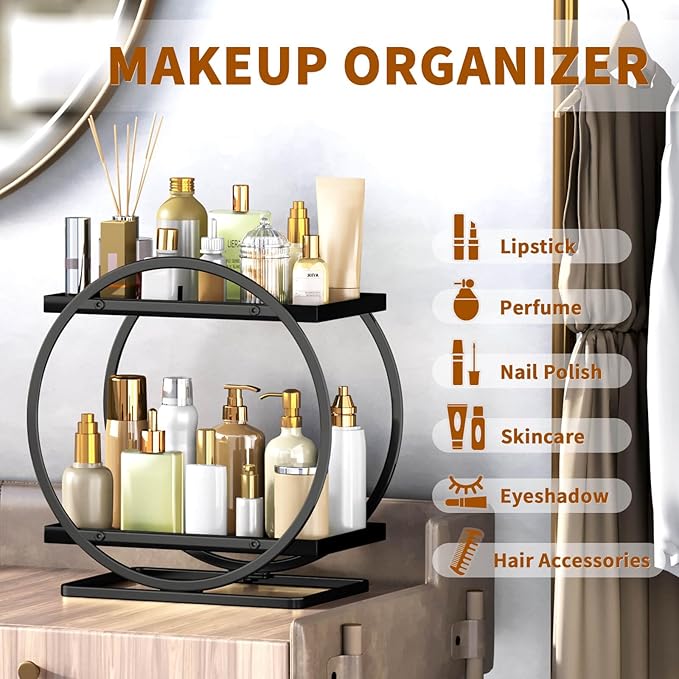 Bathroom Counter Organizer, Black Perfume Organizer for Dresser, 2 Tier Bathroom Organizer Countertop, Vanity Makeup Organizers, Skincare Display Tray for Bathroom Sink Storage