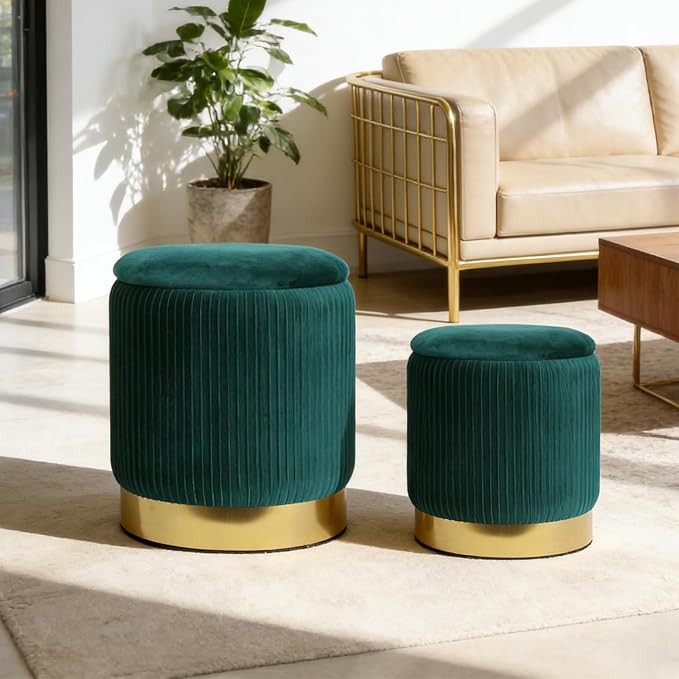 YYW HOME Green Velvet Round Storage Ottoman Set of 2 - Small Ottoman Coffee Table, Foot Stool, Removable Lid, for Living Room, Bedroom, Hallway, Assembly Free