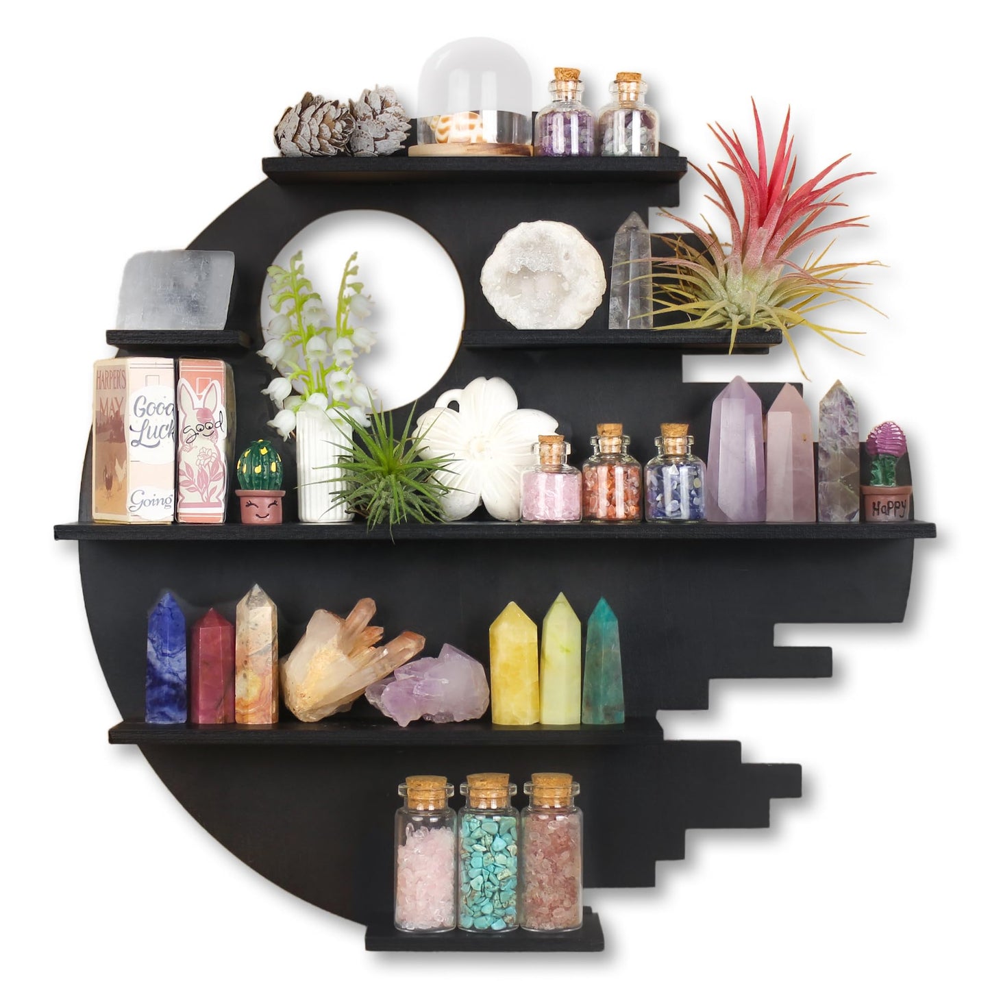 FNYDOX Wooden Moon Shelf with LED Lights, Crystal Wall Shelf for Rock Gem Stone Display Witchy Trinkets Holder Boho Wall Decor Floating Shelves for Nail Polish & Essential Oil
