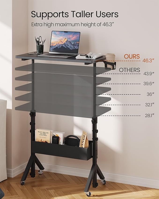 ErGear Mobile Standing Desk with Wheels, Adjustable Height 28.3″ to 46.1″, Rolling Laptop Cart with Cup Holder, Storage Basket, Computer & Pen Slot, Home Office Stand Up Desk, Black (31.5″ x 15.75″)