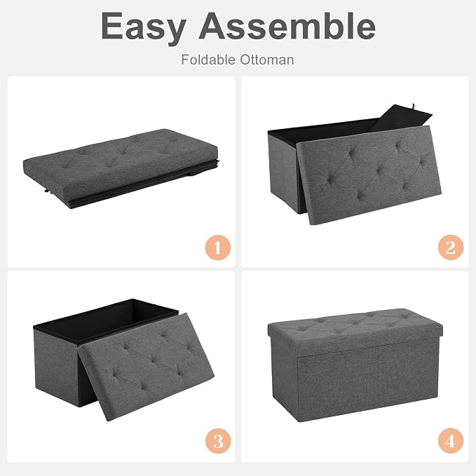 Sweetcrispy 30 Inch Folding Storage Ottoman Bench, Large Hidden Storage Chest with Padded Seat, Foot Rest Stool Supports Up to 660Lbs, End of Bed Bench for Bedroom, Living Room, Linen Fabric, Grey