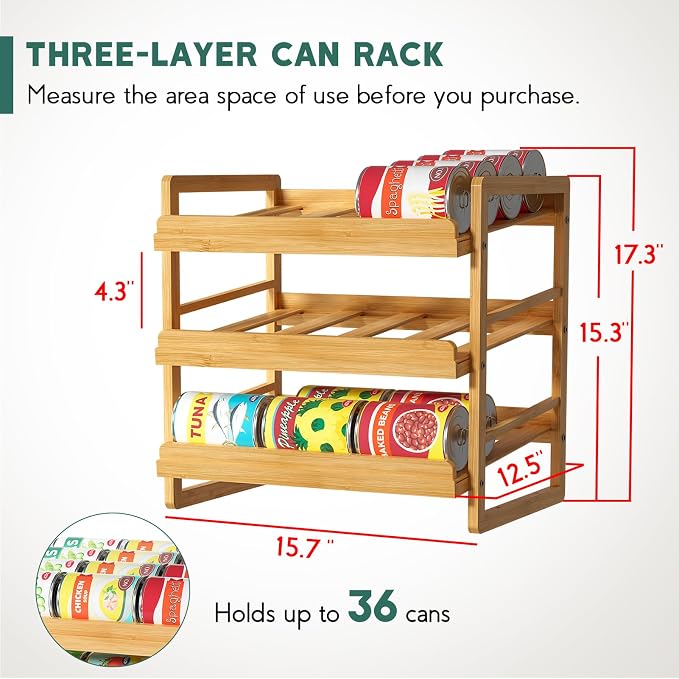 Yumkfoi Bamboo Can Organizer for Pantry, 3 Tier Stackable Can Storage Organizer Pantry with Label Sticker and Marker Pen, Can Holders for Cabinet and Can Rack Organizer (Natural Bamboo)