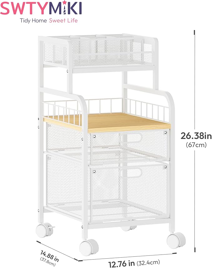SWTYMIKI Rolling Cart with Drawers - Metal Craft Cart with Wheels, DIY Divider and Wood Shelf, Art Supply Organizer for Under Desk Storage, Utility Storage Cart for Home Office Studio, White