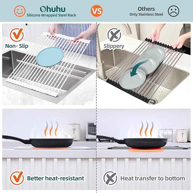 Ohuhu Over Sink Dish Drying Rack, 17.6" W x 15.4" L Roll Up Dish Racks Kitchen Sink Organizer Silicone Wrapped Large in Sink Dish Drying Rack Foldable Rolling Drain Mats Anti-Slip
