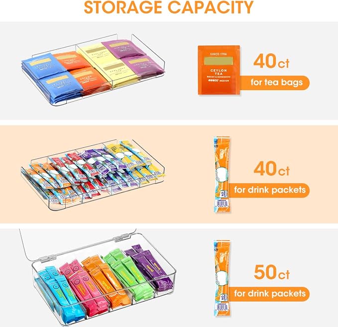 AIEVE Drink Packet Organizer, 2-Tier Tea Bag Organizer with Lid, Stackable Clear Pantry Storage Bins with Adjustable Dividers, Acrylic Water Packet Holder for Cabinet Kitchen Storage Organization