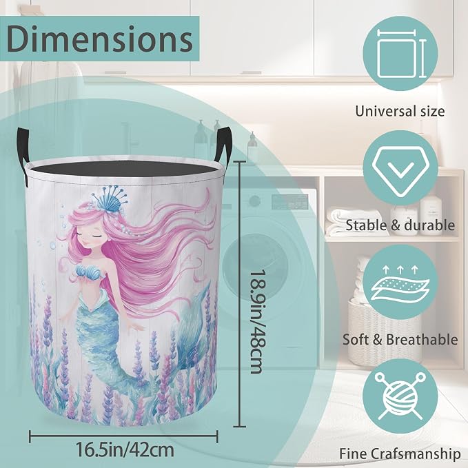 Mermaid Laundry Basket With Handles Tote Bag Oxford Cloth Funny Laundry Hamper Clothes Storage Bucket Toy Organizer 16" X 20.8"For Bathroom/Laundry/Bedroom