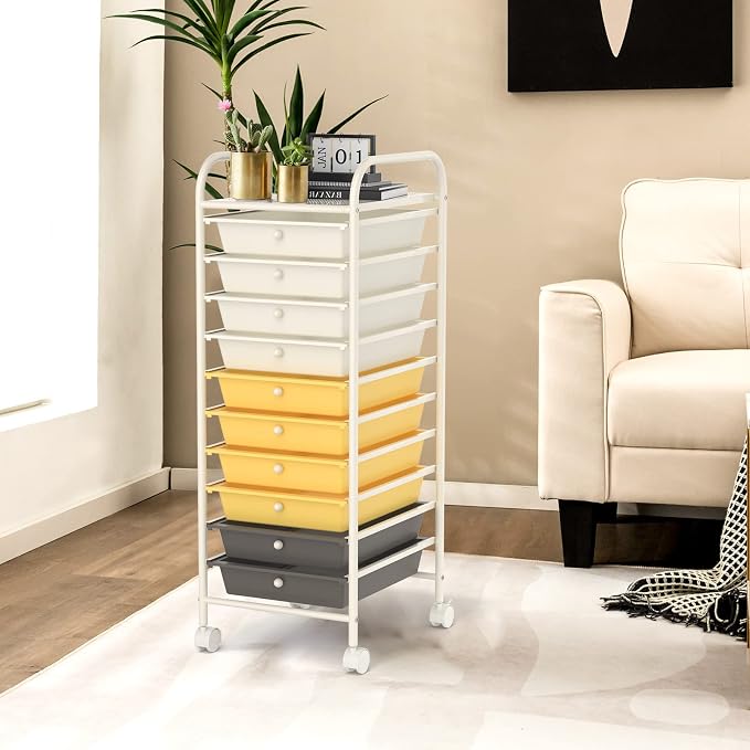 MEDIMALL 10 Drawers Rolling Storage Cart, Multipurpose Craft Storage Cart with Wheels, Mobile Tools Scrapbook Paper Organizer Cart for Office School Home Use (Yellow)