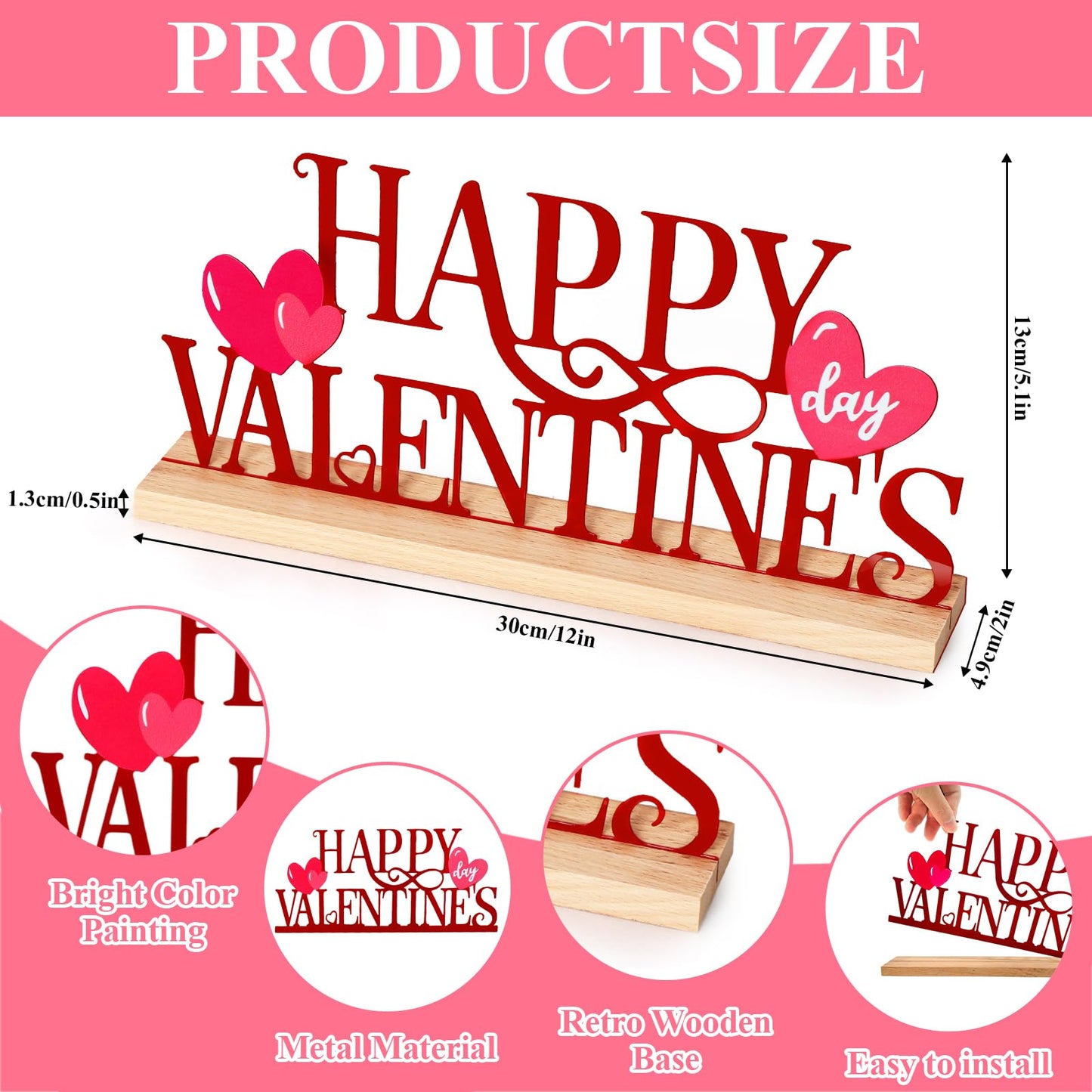 ASTNIC Metal Happy Valentine's Day Sign,Valentines Day Decorations Indoor Romantic Heart Word Valentines Day Table Decorations with Wooden Base for Home Decor Party Wedding Shelf Tabletop Centerpiece Gifts (Red, Happy Valentine’s)