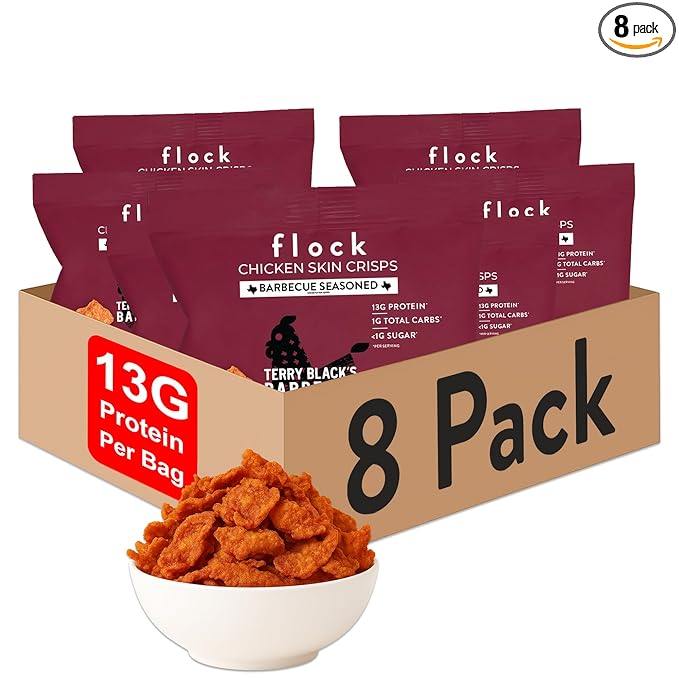 Flock Keto Chicken Skin Chips | Terry Black's BBQ Flavor | Low Carb, High Protein, Sugar Free, Gluten Free Fried Chicken Skins for People | (1oz) 8-Pack Crispy Flock Chips