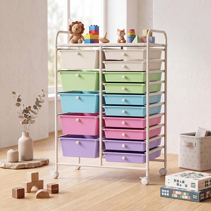 GOFLAME 15-Drawer Rolling Storage Cart, Craft Storage Cart with Removable Drawers & Lockable Wheels, Art Cart Supply Storage Organizer for Home Office Classroom, Ice Cream