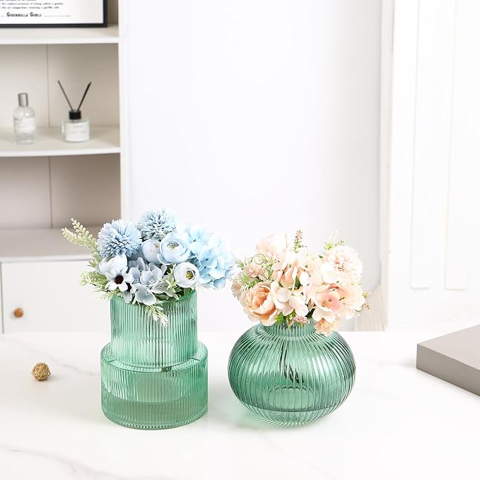 Ribbed Glass Vases, Set of 2 Fluted Vases for Flowers, Green Glass Vase for Tulips, Modern Vase for Living Room, Kitchen, Office, Entryway, Mantle, Bookshelf, Wedding Gifts, Birthday