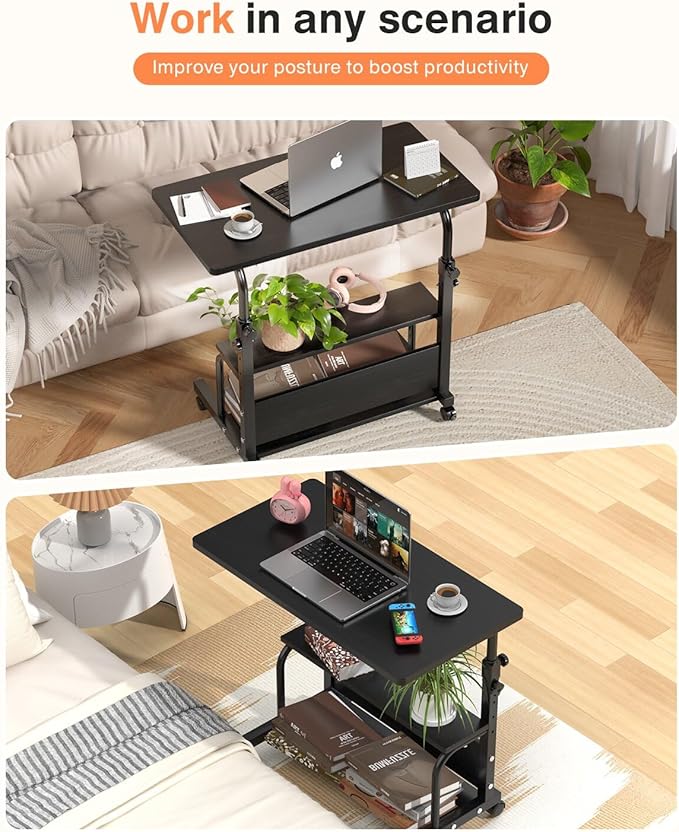 QZMDSM Portable Rolling Desk on Wheels Adjustable Height Desks for Small Spaces, 32" Computer Desk Drafting Tables with Storage Shelves for Home Office Black