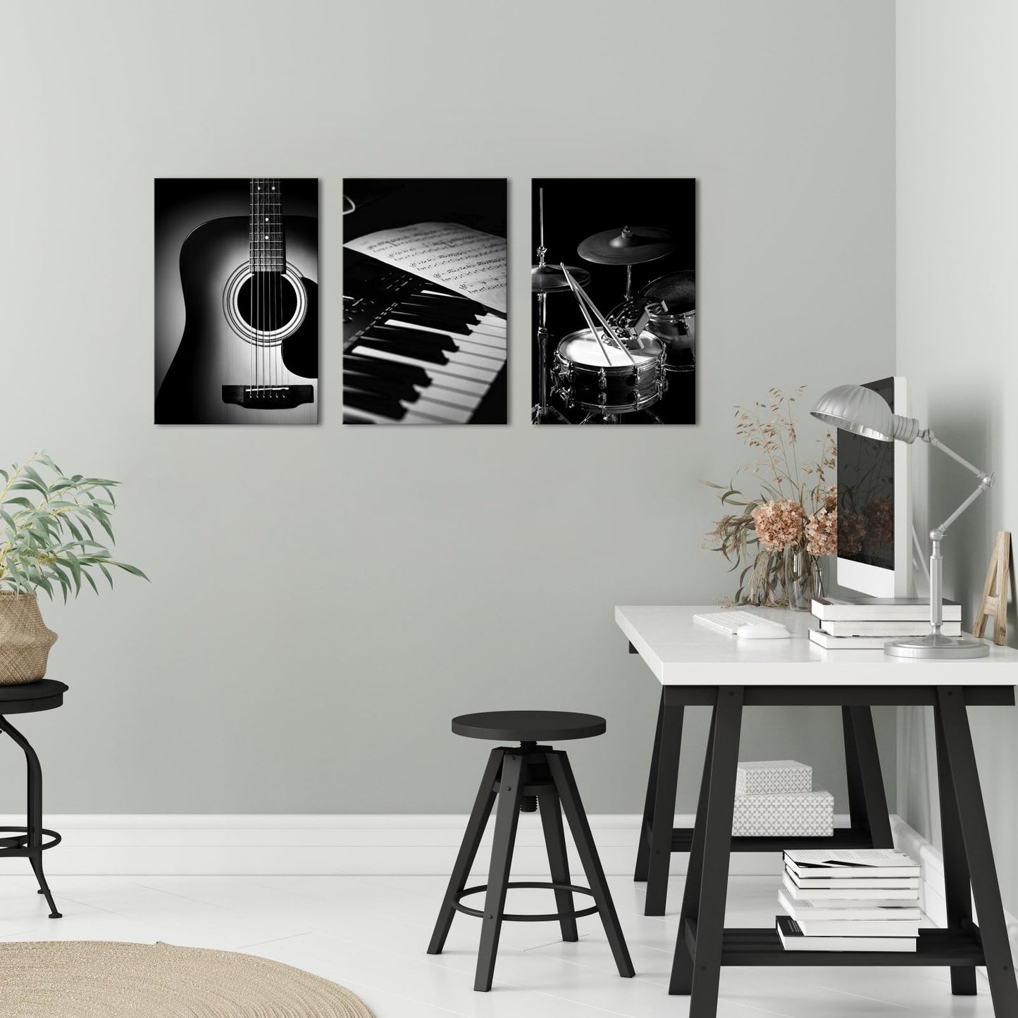 PoGoXiPoYo 3 Pieces Black and White Music Wall Art Canvas Prints Piano Guitar Drum Set Musical Instrument Pictures Rock Band Artwork Music Wall Decor for Studio Bedroom Home 16x24inchx3