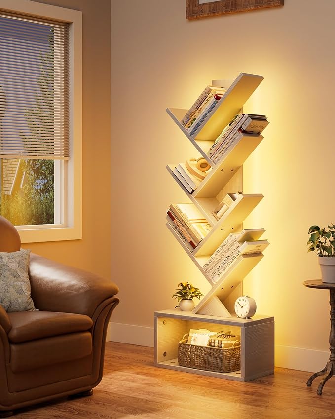 Evermagin 6 Tier Tree Bookshelf with Lights, LED Book Tree Bookcase with Storage Organizer, Small Corner Bookshelf Floor Standing Book Shelf for Living Room, Bedroom & Home Office, White