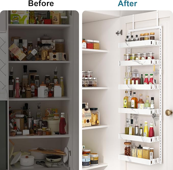 BUKFEN 6-Tier Over the Door Pantry Organizer, 2-in-1 Door Hanging or Wall Mounted Spice Rack, Heavy Duty Metal Storage Shelves with Adjustable Baskets for Kitchen Bathroom Closet, 1 Pack
