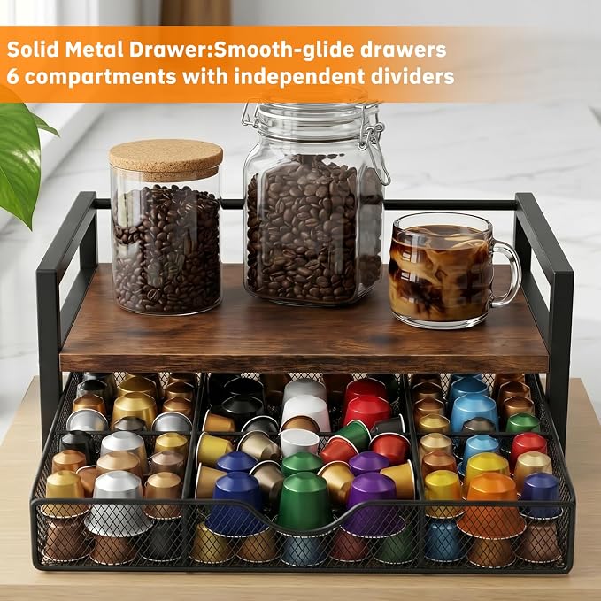 Wooden Tea Bag Organizer with Drawer, 6 Compartments, Large Capacity 13.39" x 9.65" Rustic Brown Tea Station Storage Chest for Countertop, Kitchen, Coffee Bar & Office