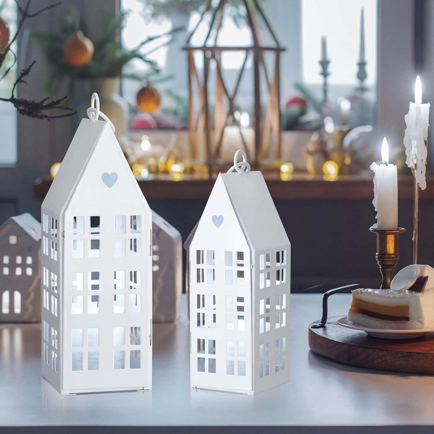 SiliFine 2 Set White Farmhouse Village Sets with 2 Pcs White Candles Rustic Houses Village Decor Metal Modern Lantern Decorative for Wedding Valentine's Day Home, Tabletop, Shelf Decor
