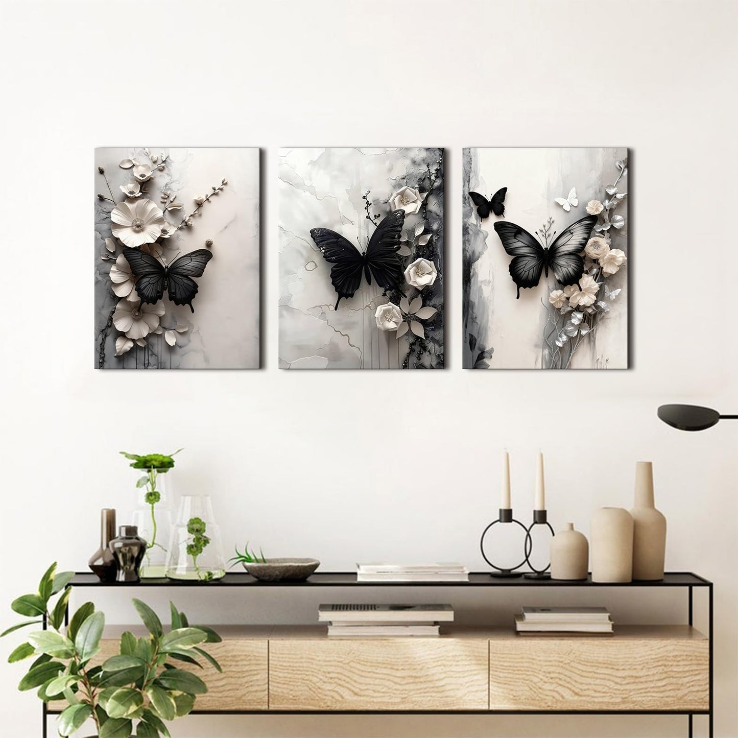 Black Butterfly Wall Art White Flowers Wall Decor Abstract Textured Floral Canvas Prints Butterfly Wildflowers Painting Poster Modern Luxury Aesthetic Canvas Artwork for Home Decorations 12x16" 3Pcs