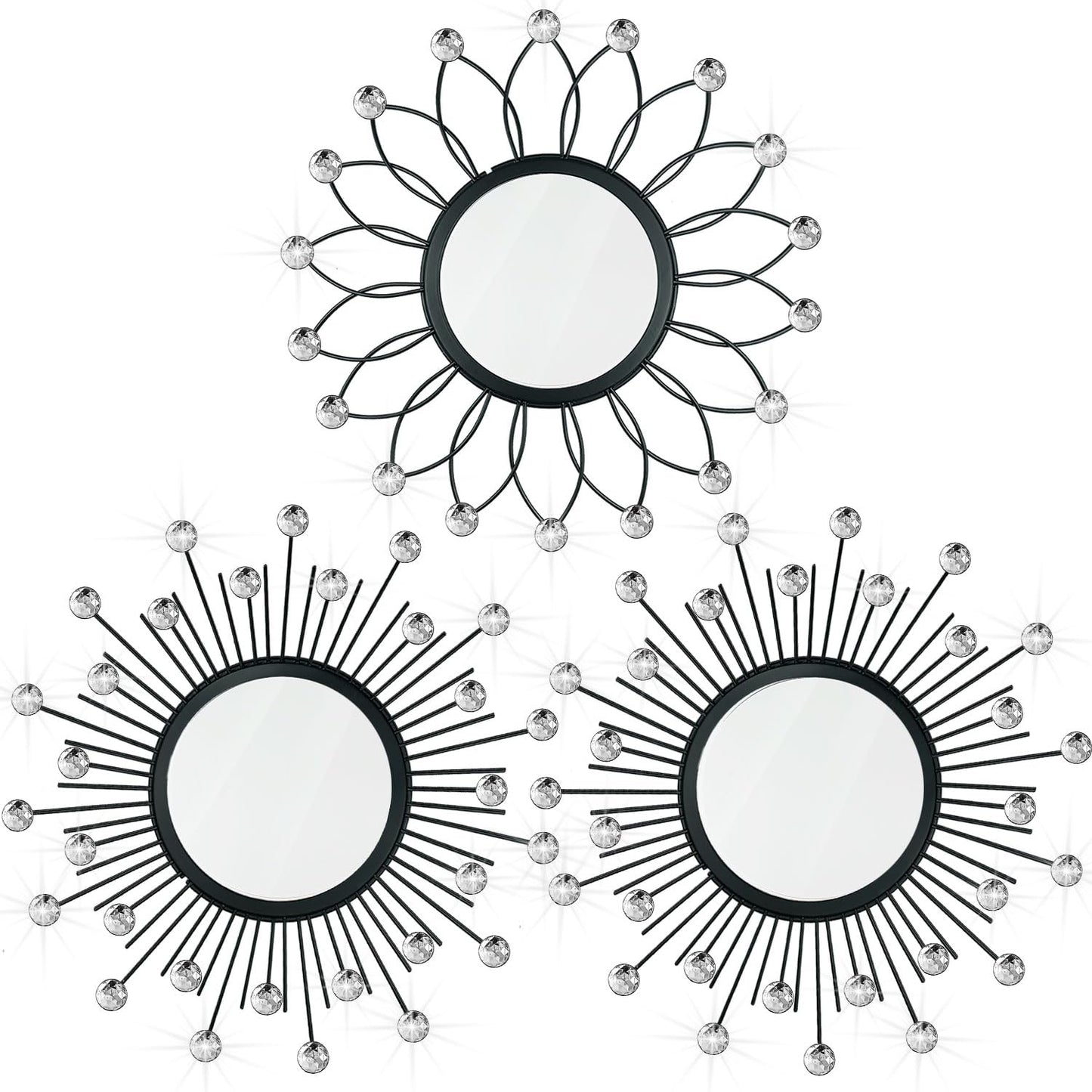 3 Pack Metal Mirrors for Wall Sunburst Wall Mirrors Home Décor Decorative Hanging Wall Art for Living Room Bedroom Entryway (Black Crystal, Flower+Sunburst)