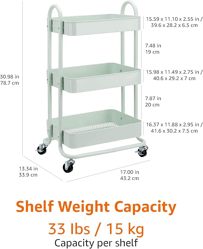 Amazon Basics 3-Tier Metal Rolling Utility Cart, Storage Organizer, Multi-Functional Kitchen Island Cart, Portable Shelving Unit with Caster Wheels, Mint Green