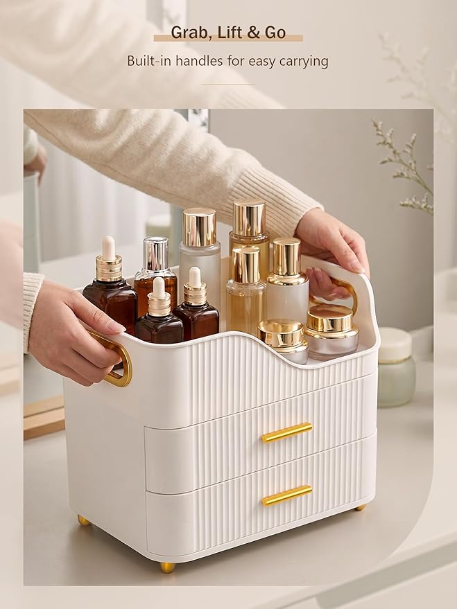 Booklov Countertop Makeup Organizer with Drawers, 3 Tier Large Cosmetic Storage Box for Vanity, Bathroom Counter, Dresser, Skincare Display Case for Lipsticks, Beauty Palettes, Teen Girl Gifts, White