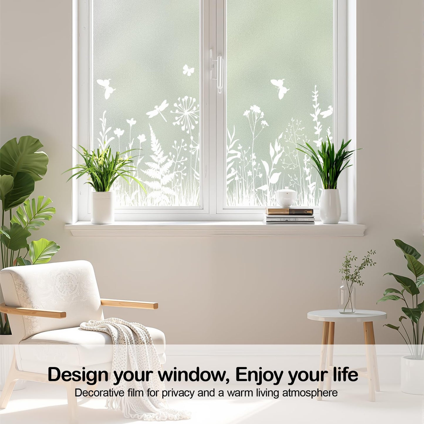 Niviy White Flowes Butterfly Window Clings Spring Summer Window Decals Frosted Glass Window Film Decorative Patterns, Non-Adhesive Reusable Sunroof Decal for Car and Home (Flower, 17.5 x 78.7 in)
