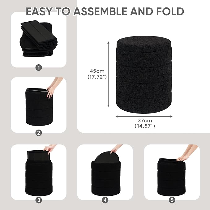 PINPLUS Round Storage Ottoman Foot Rest Stool with Tray Velvet Sherpa Folding Storage Ottoman,Boucle Foot Rest for Living Room, Bedroom, Dorm（Black）