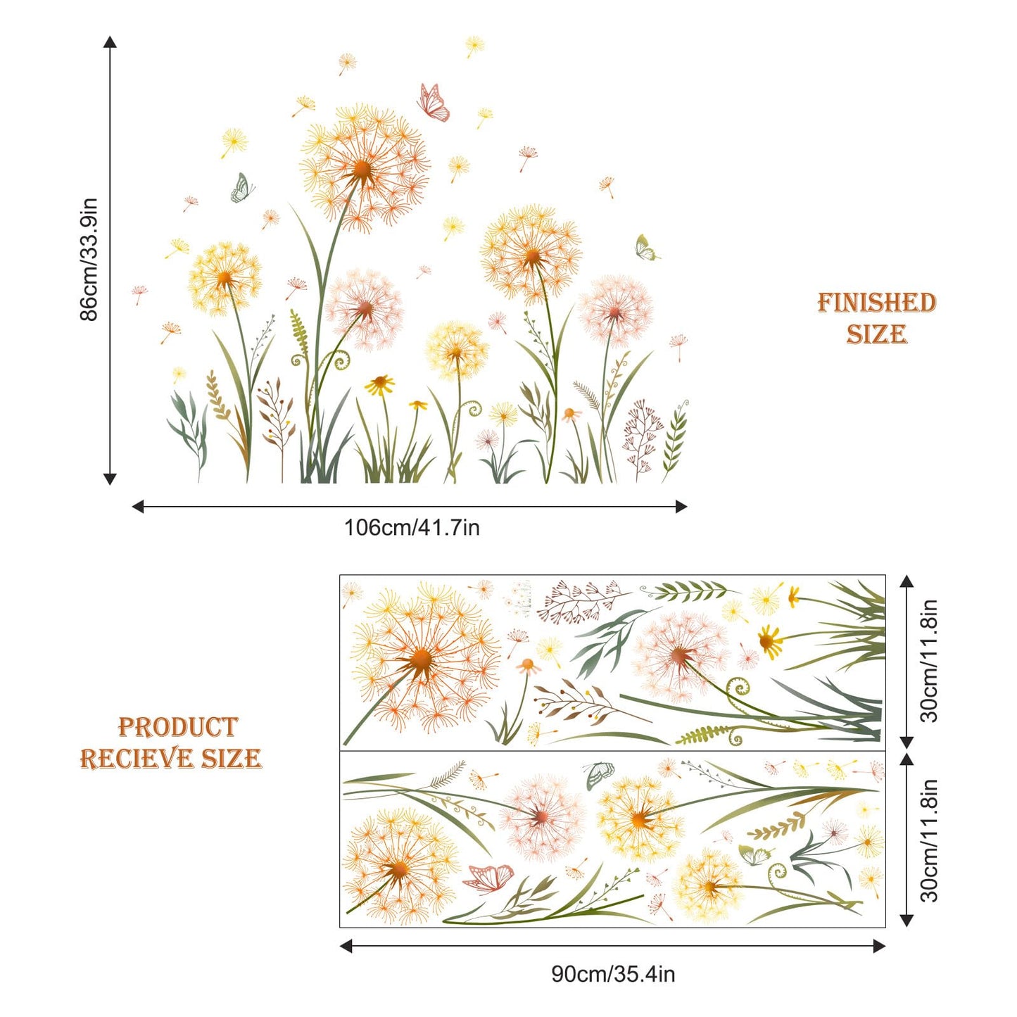 Dandelion Flower Butterfly Wall Decals Gold Dandelion Plants Floral Wall Stickers Peel and Stick Vinyl Wall Art Decor for Living Room Bedroom Office TV Sofa Backdrop Home Decor Gifts for Mom