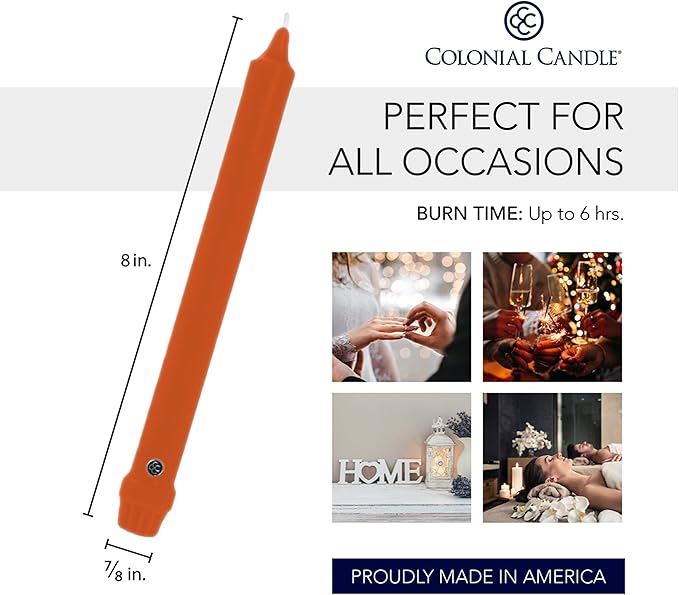 Colonial Candle Unscented Taper Candle, Classic Collection, Pumpkin, 8 In, Pack of 12 - Up to 6 Hours Burn