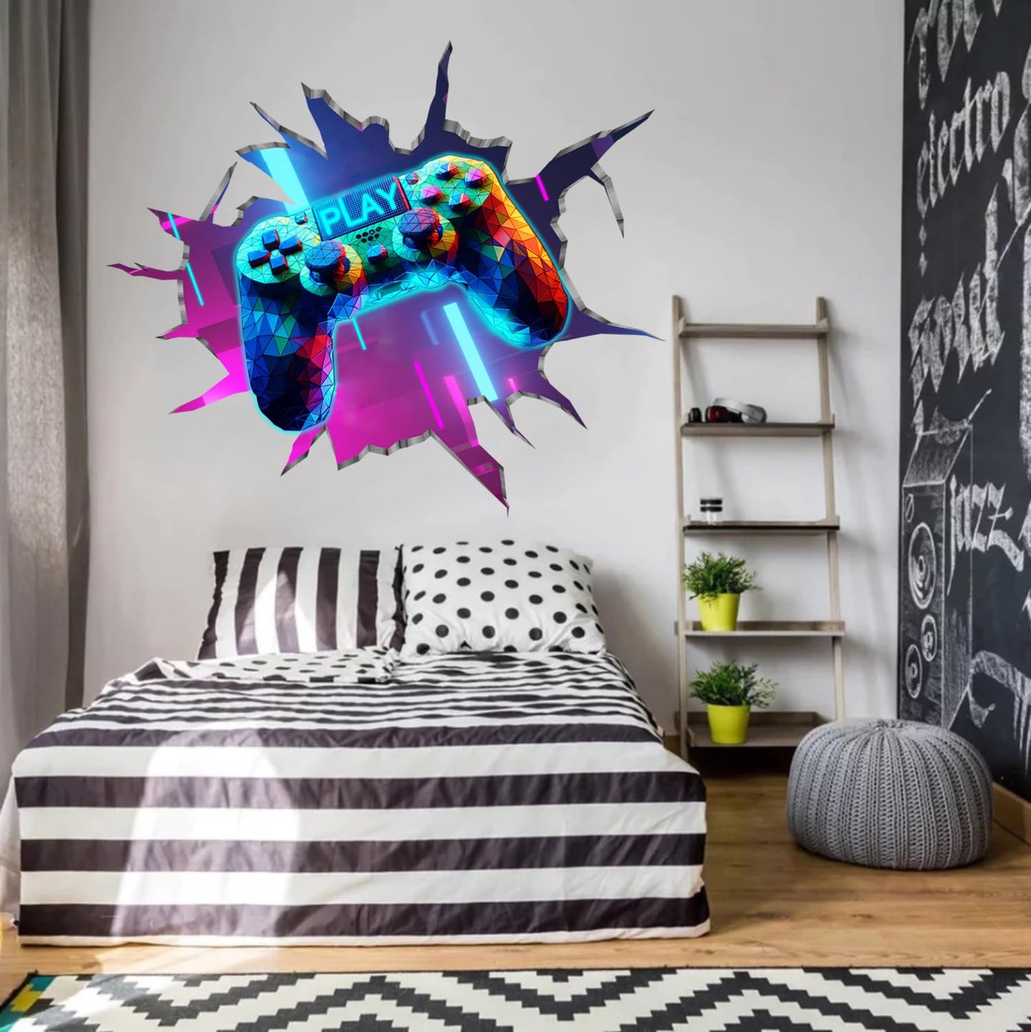 YIMEHDAN Large 3D Game Wall Decals (35.8”x32.4”), Gaming Break Through The Wall Vinyl Wall Stickers for Game Lover, Removable Video Games Artwork for Boys Playroom Bedroom Decor
