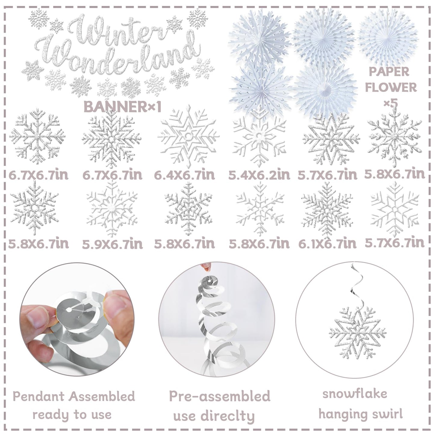 Winter Wonderland Decorations, Silver Winter Wonderland Christmas Decorations Includes Glitter Banner and Snowflake Hanging Swirl, Snowflakes Ornaments Banner for Indoor Office Decorations
