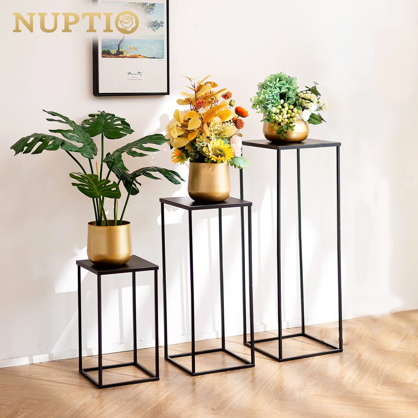 Nuptio Black Vase Plant Stand - 3 Pcs Tall Flower Vases for Wedding Birthday Party Centrepieces - Metal Column Display Table Rack Indoor Corner Flower Stand for Living Room Decor(15.7/23.6/31.5in)