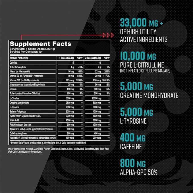 Gorilla Mind Pre Workout - Massive Pumps Laser Focus Energy Power - L-Citrulline, Creatine, L-Tyrosine, Betaine, Hydroprime, Alpha-GPC, 400mg Caffeine, Huperzine A - 792g (Blue Raspberry)
