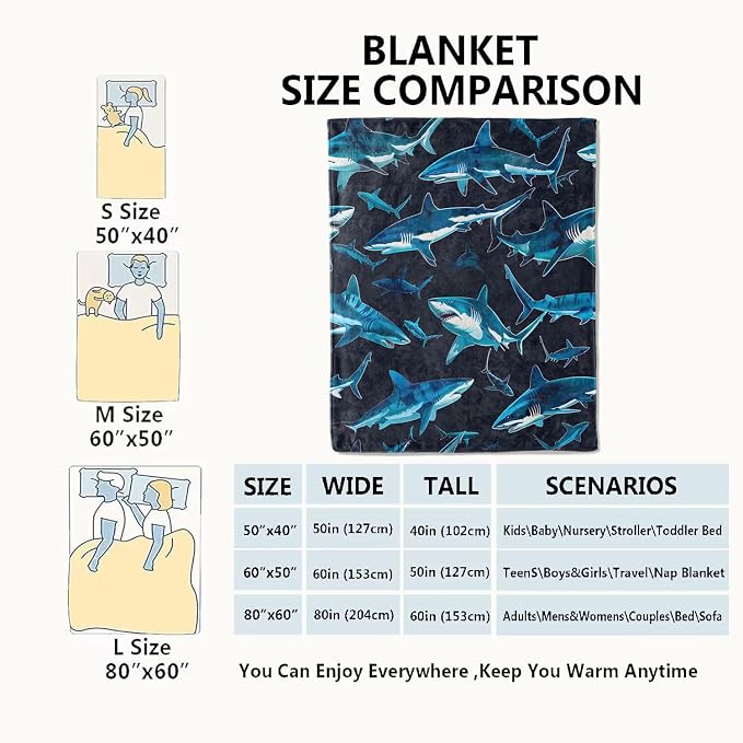 Blue Shark Blanket,Vibrant Deep Sea Sharks Throw Blankets,Gifts for Kids & Marine Life Lovers,Lightweight Soft Fleece,for Picnic Sofa Couch Bed Room Travel,Birthday Decor,50x60in