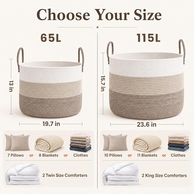 JMvicyroam 115L Extra Large Blanket Basket for Living Room - Woven Cotton Rope Laundry Hamper with Reinforced Handles - Storage Bin for Pillows, Comforters & Toys - Machine Washable,White&Brown Mix