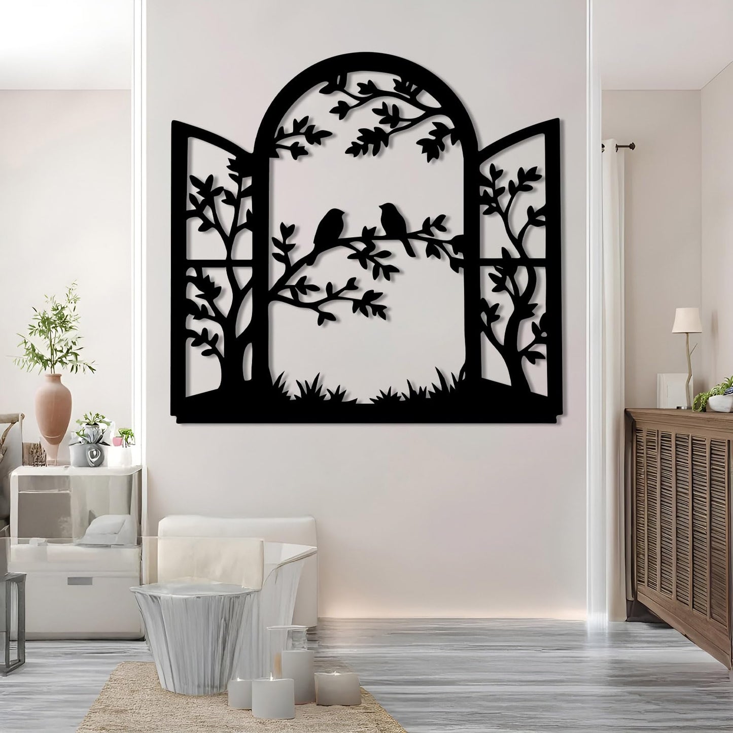 Bird Window Metal Wall Art, Bird on Branch Metal Wall Decor, Window Frame Wall Art, Birds Branch Silhouette Wall Hanging, Nature Decorations for Living Room, Hallway (Gold, 17"x19"/44x47cm)