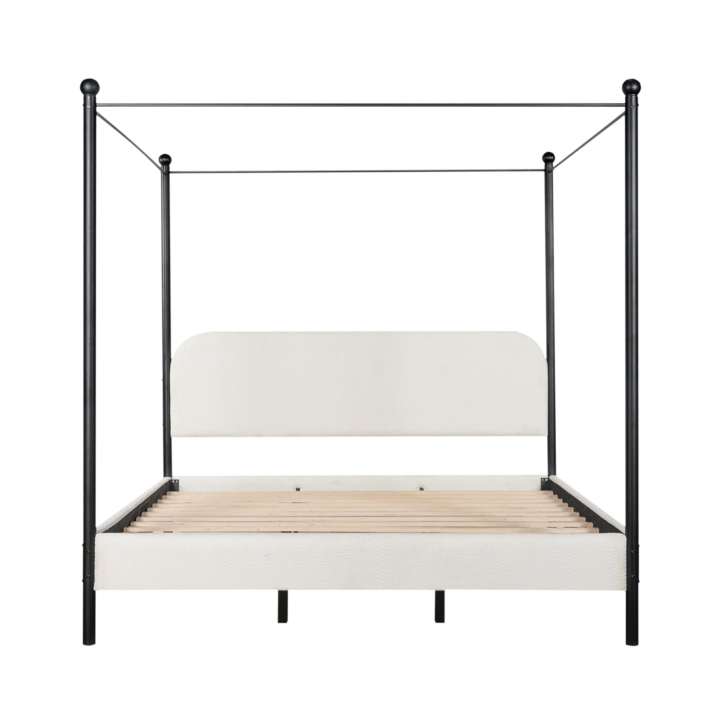 Christopher Knight Home King Size Upholstered Canopy Bed Frame with Boucle Fabric, Curved Headboard and Iron Legs, Modern Platform Bed Frame with Slats No Box Spring Needed, White
