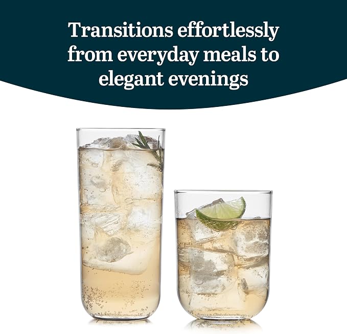 Libbey Polaris Tumbler and Rocks, Axis Glass Cups Set of 16, Elegant Mixed Drinking Glasses with Modern Clean Lines, Dishwasher Safe Glassware Set