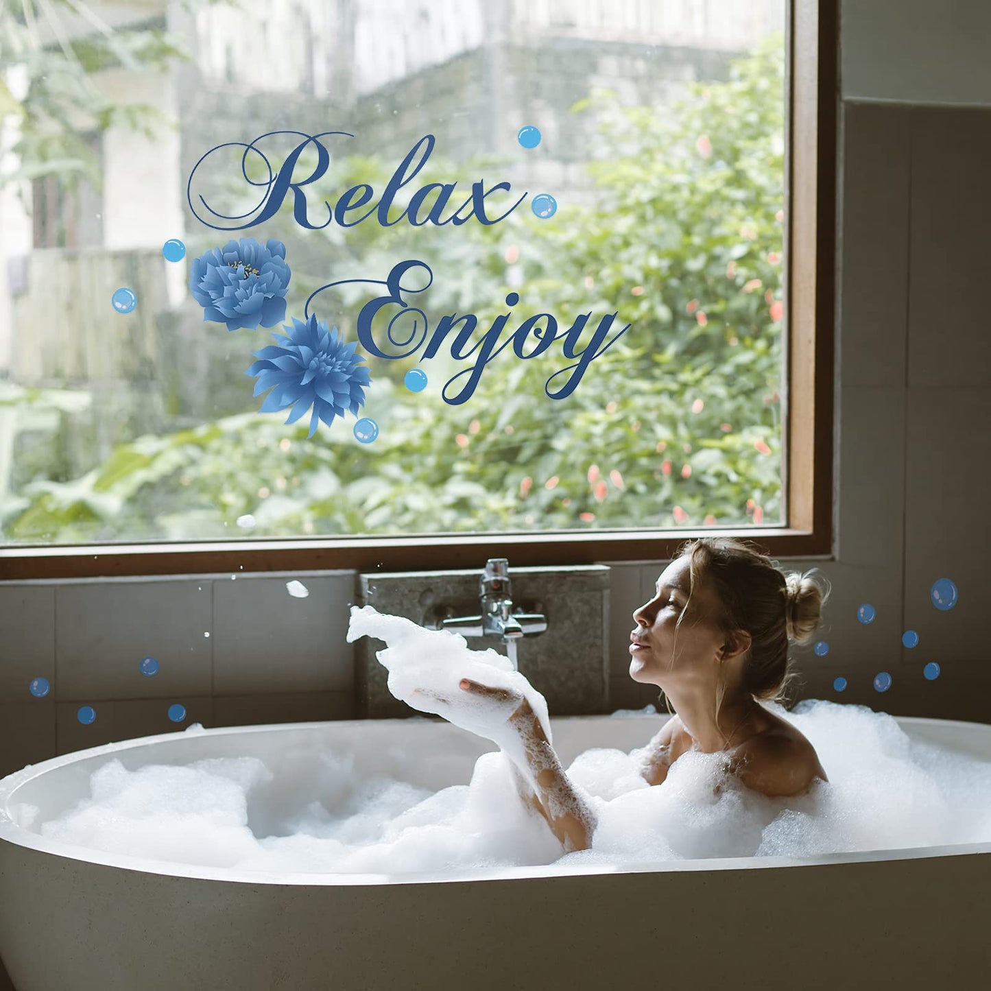 Xuniea Blue Bathroom Wall Decals Soak Relax Enjoy Spa Wall Decor Stickers Waterproof Flower Sign Sticker for Bedroom Bathroom Kitchen Living Room DIY Decorations