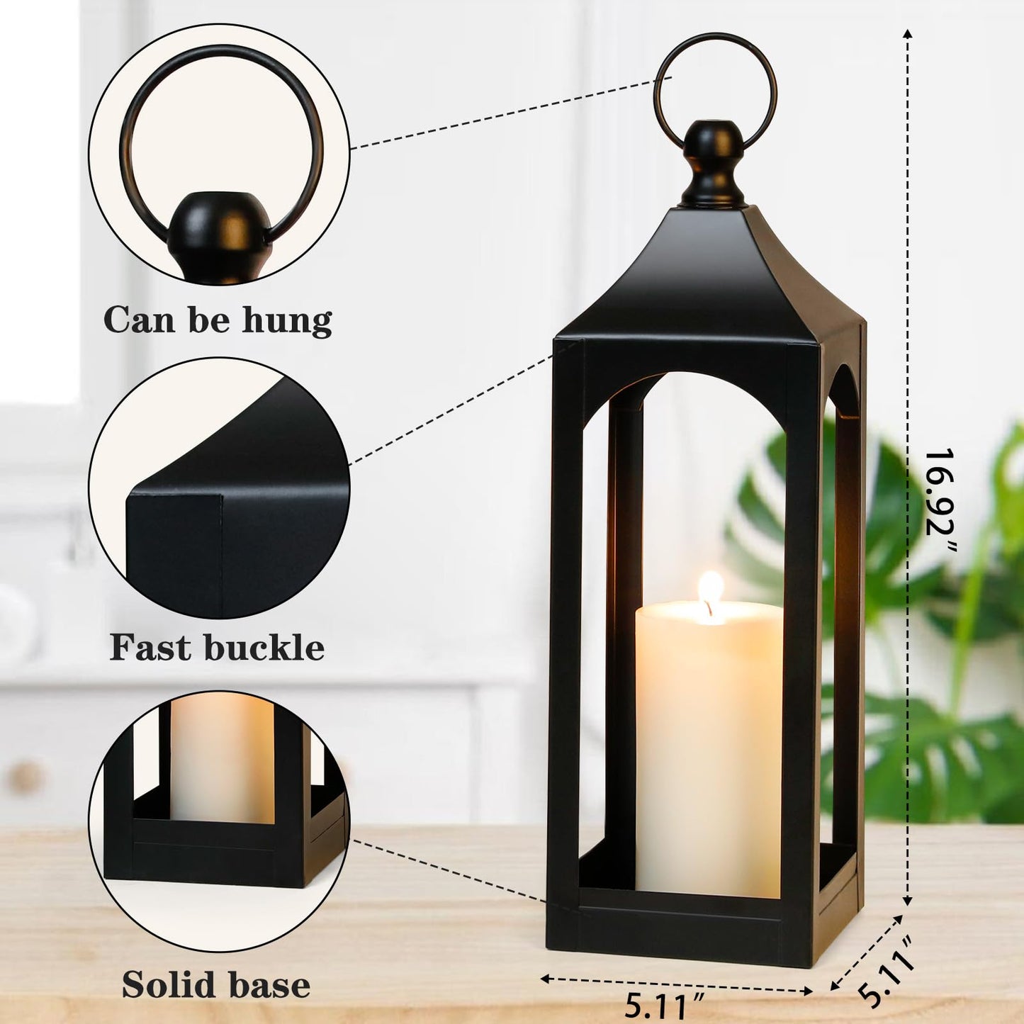 Modern Farmhouse Lantern Decor, Black Metal Decorative Hanging Candle Lanterns Ideal for Home Decor, Parties & Events, 15.1" High (No Glass Panel)