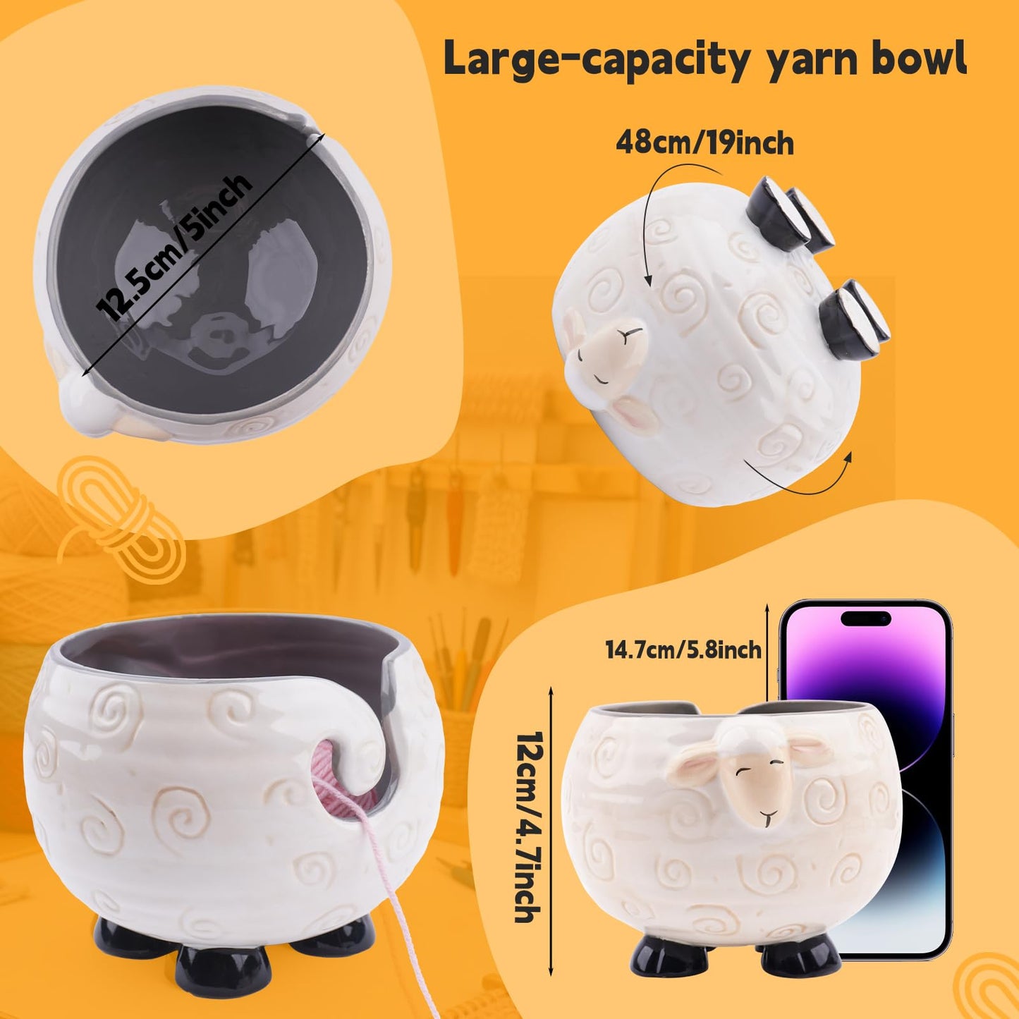 Weabetfu Sheep Ceramic Yarn Bowl Knitting Yarn Bowl Handmade Craft Knitting Bowls Crocheting and Knitting Supplies Organizer,Perfect for Mother's Day and Christmas Gift