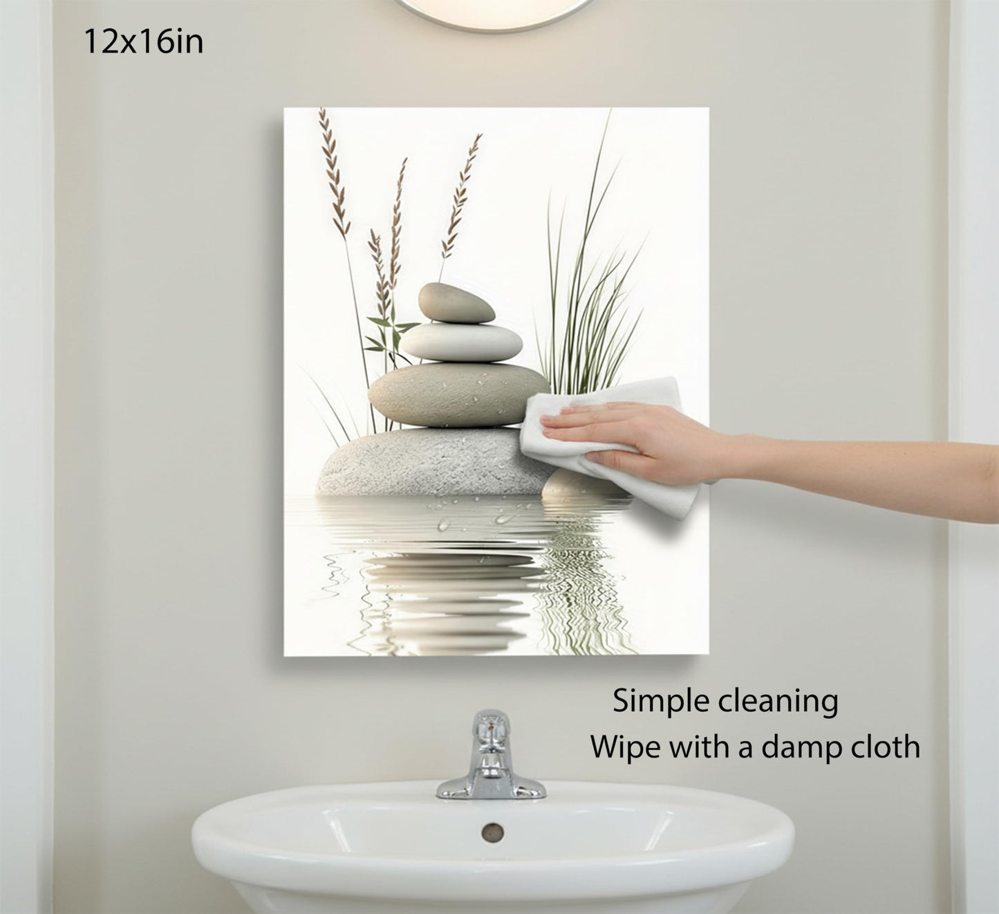KBIERQN Zen Stone Canvas Wall Art Stacked Stones in Water Poster Print Tranquil Wild Grass Painting Picture for Spa Yoga Meditation Room Bathroom Wall Decor 12x16in Framed Ready to Hang